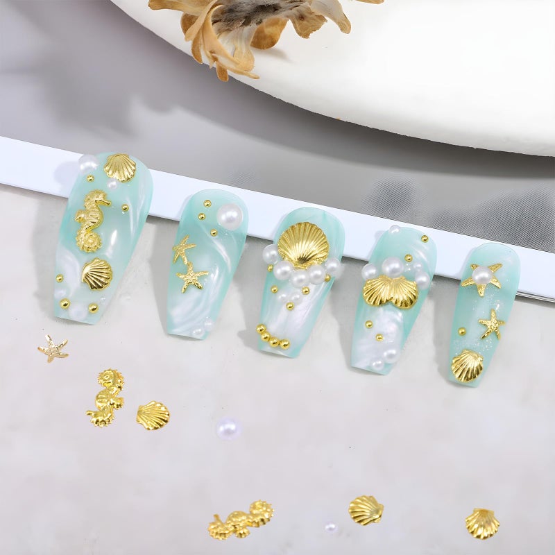 Ajcotahm Beach Nail Charms Gold Seashell 3D Nail Art Decorations with Starfish, Seahorse Alloy Rhinestones for Summer Manicure DIY Designs - Image 3